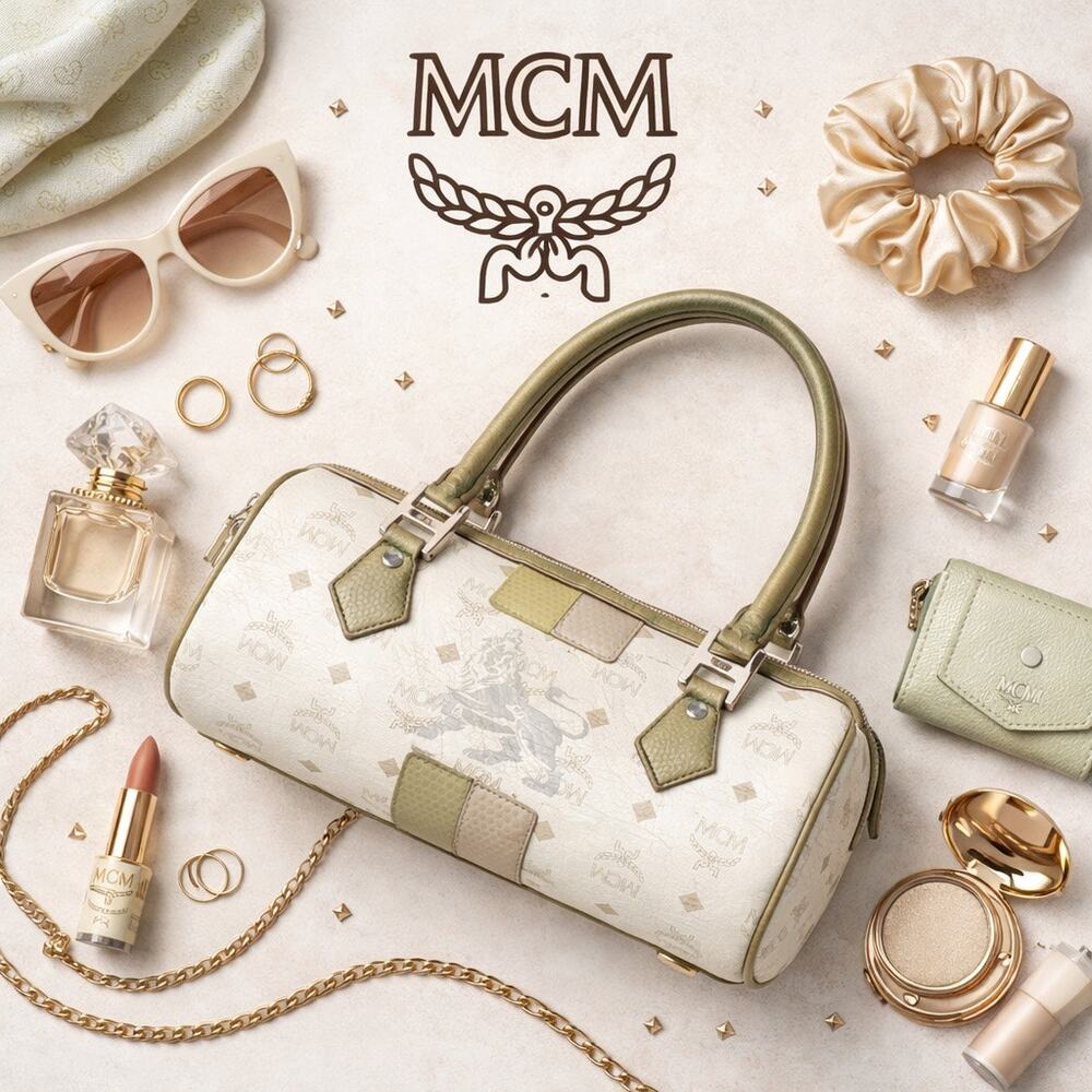 Authenticated MCM Princess Lion Barrel Purse w/Metallic Trim